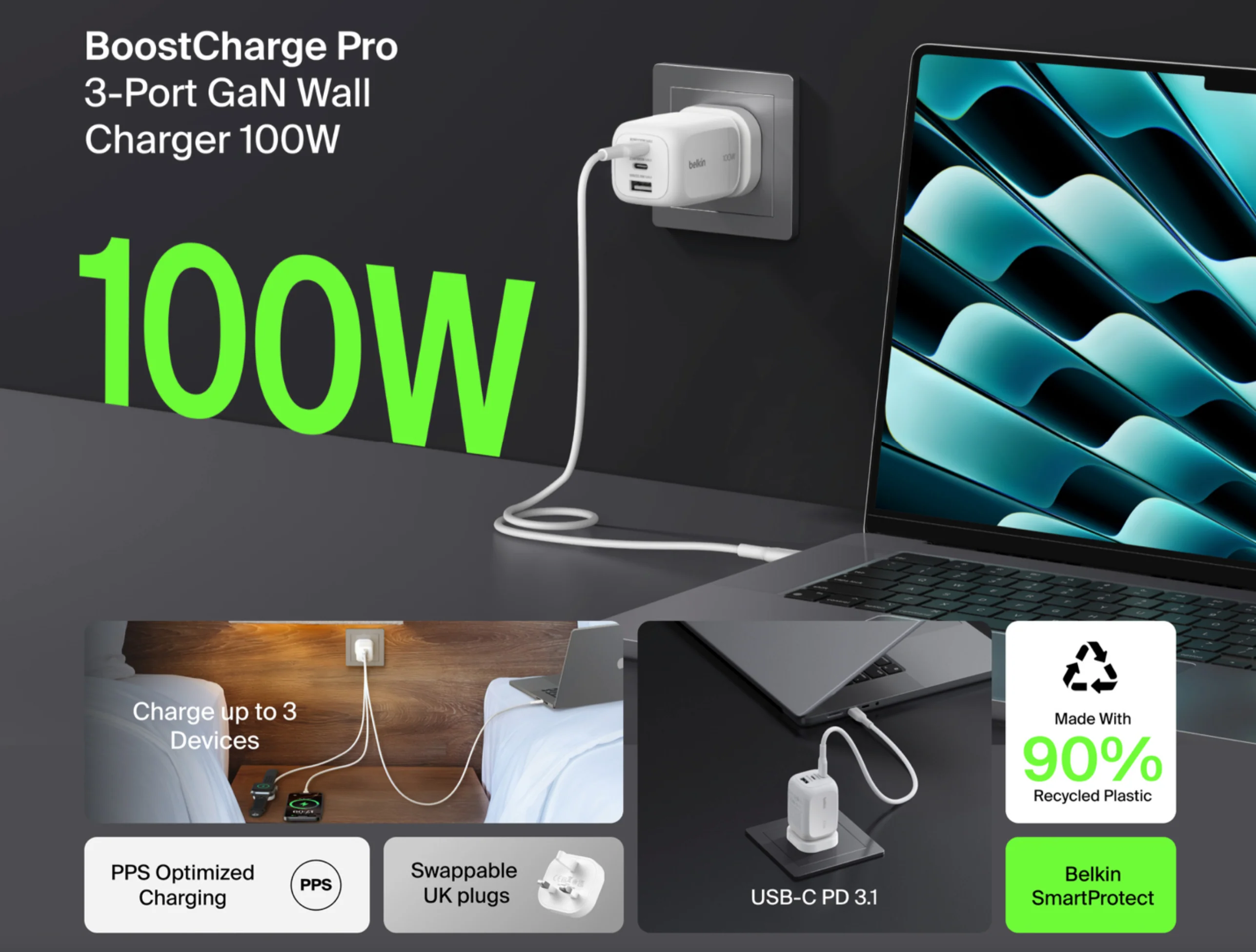Belkin 100W 3-port BoostCharge Pro Vegglader - Image 4