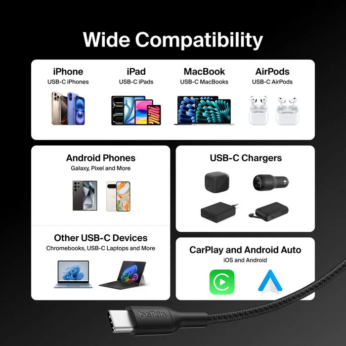 Belkin USB-C til USB-C 240W Flettet PCR Ladekabel 1m - Svart - Image 5