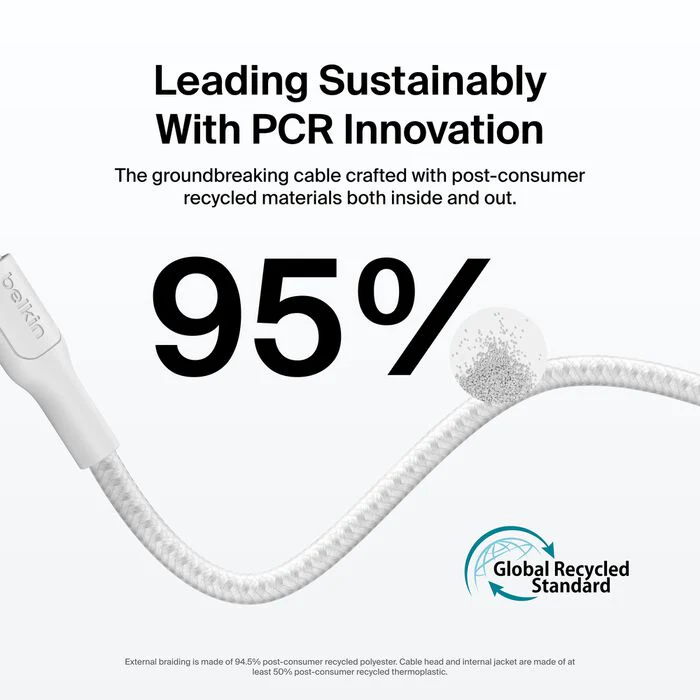 Belkin USB-C til USB-C 240W Flettet PCR Ladekabel 1m - Hvit - Image 4