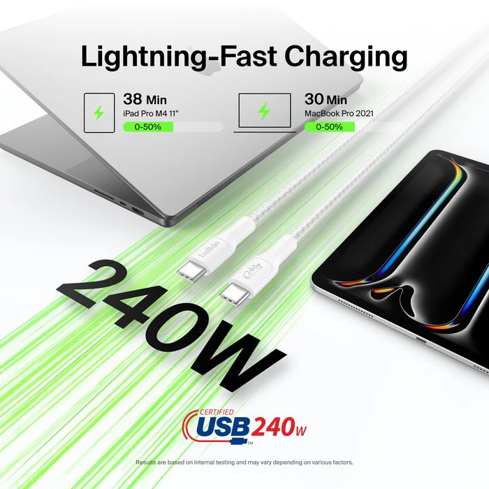 Belkin USB-C til USB-C 240W Flettet PCR Ladekabel 3m - Hvit - Image 2