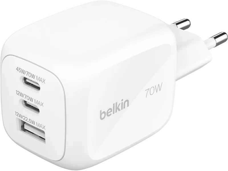 Belkin 70W 3-Ports GaN Vegglader - Hvit